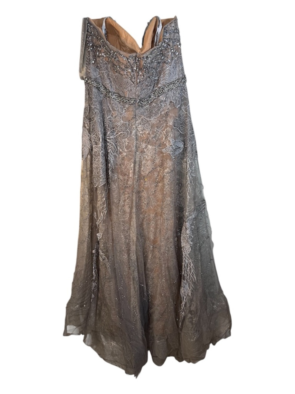 Mon Cheri Strapless Silver Lace A-Line Evening Gown - Picture 3 of 5